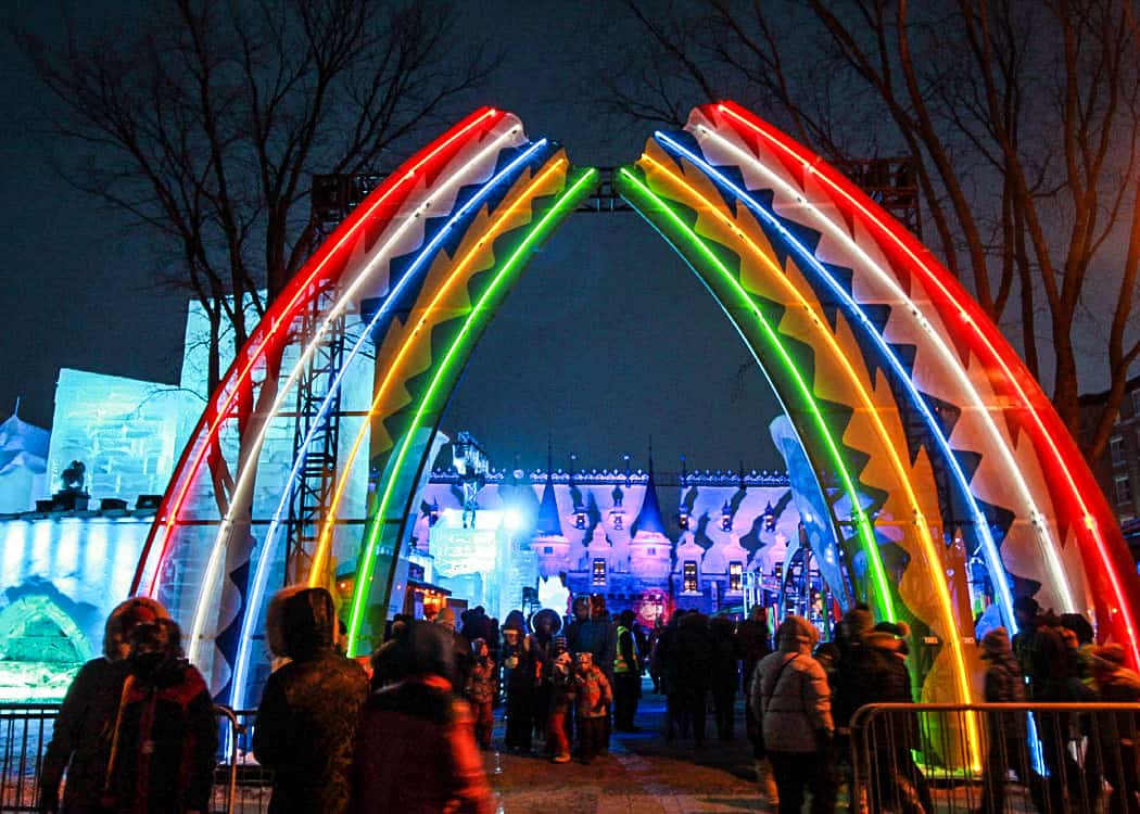 Quebec-Winter-Carnival-Rainbow-entrance-at-night