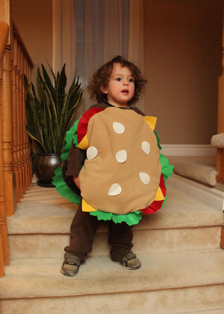 little boy in hamburger costume
