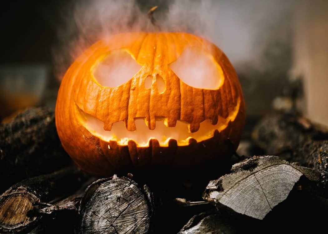 jack-o-lantern filled with dry ice and smoking