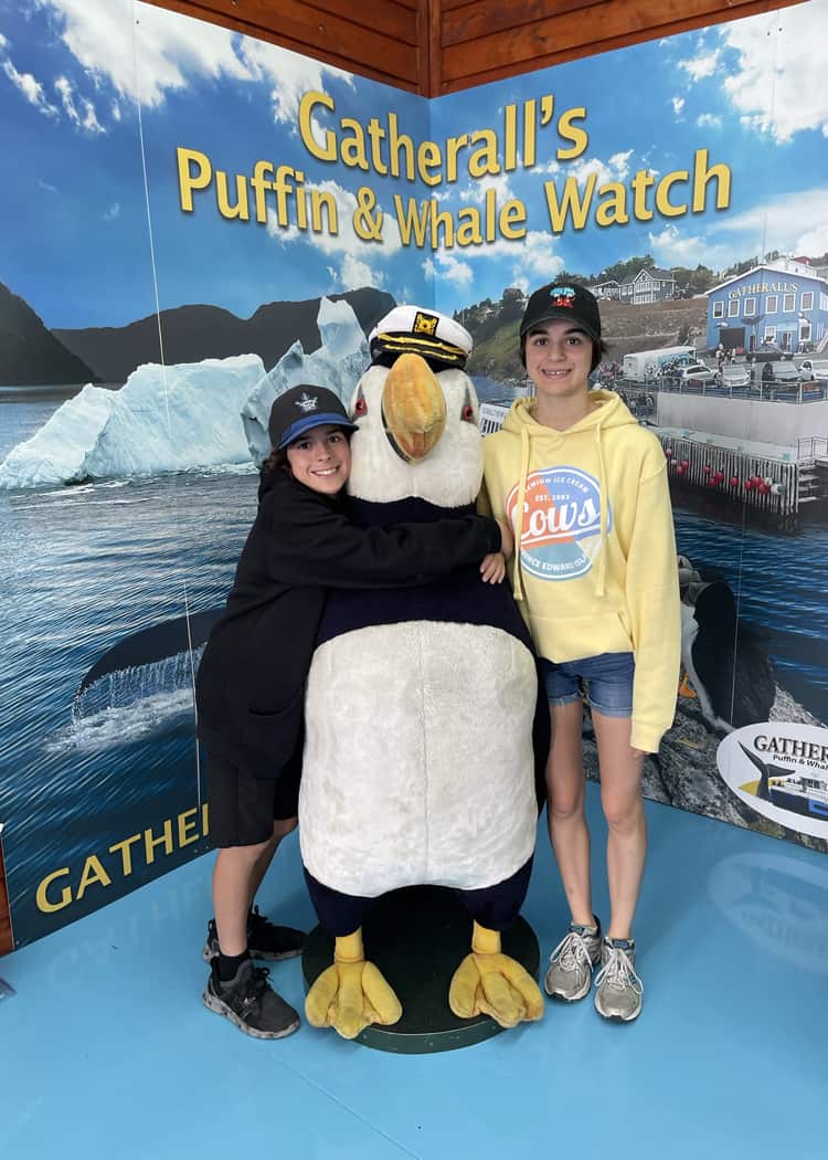 Puffins-in-Newfoundland-Big-puffin-stuffy-hugged-by-kids