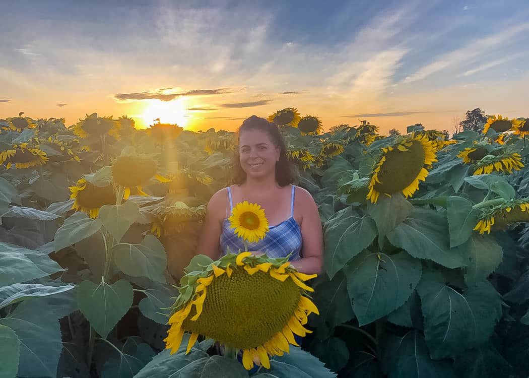 Sunflower-Lady-in-field-at-Sunset